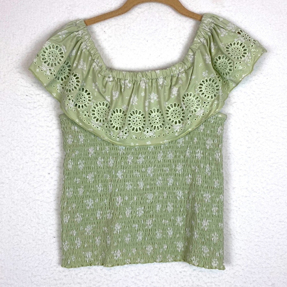 Girls kids green white floral blouse XL(16)